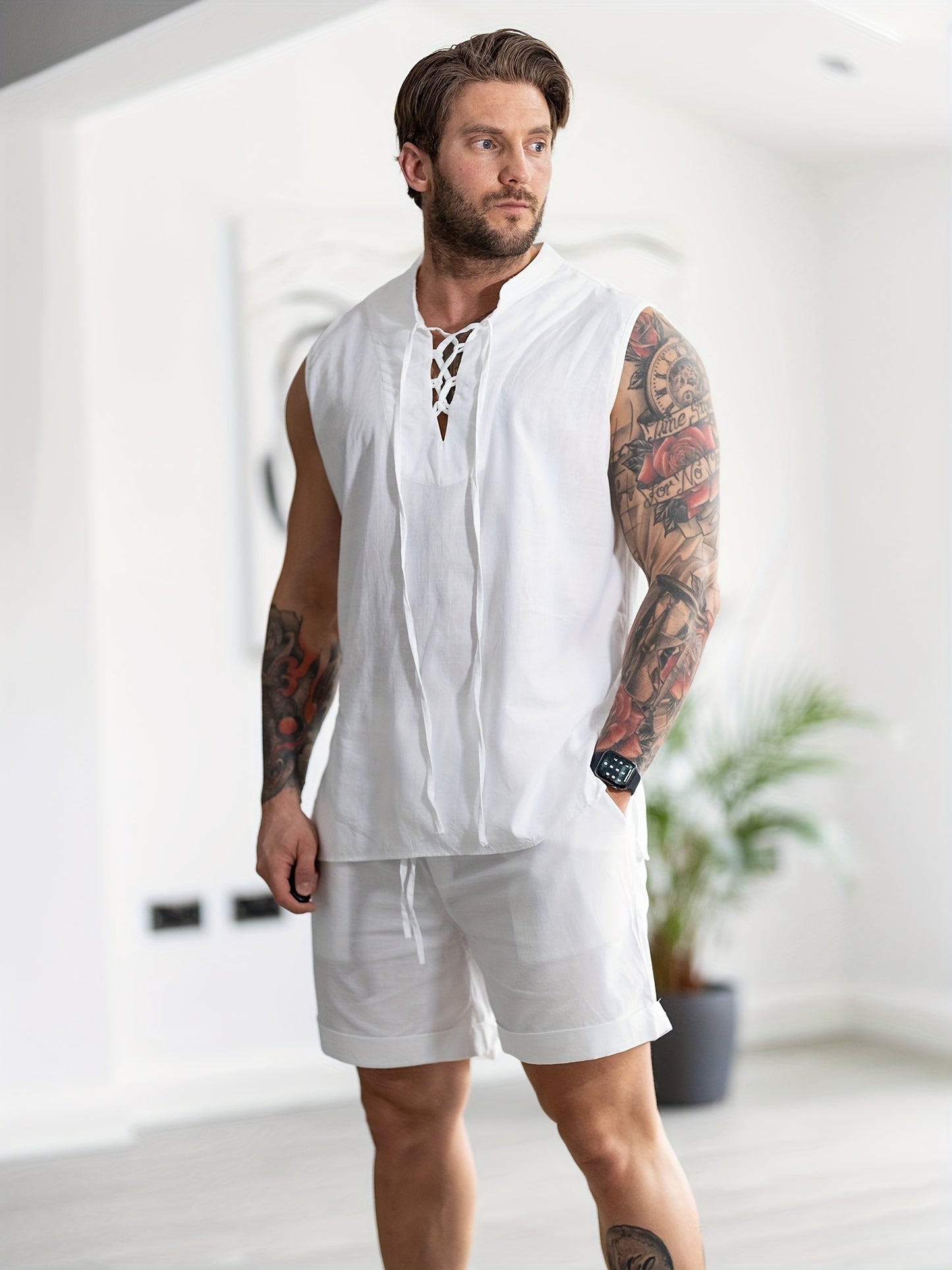 Men's Linen Sets 2 Piece Beach Outfits Lace Up Hippie Tank Tops Summer Casual Sleeveless Shirts Matching Shorts Set