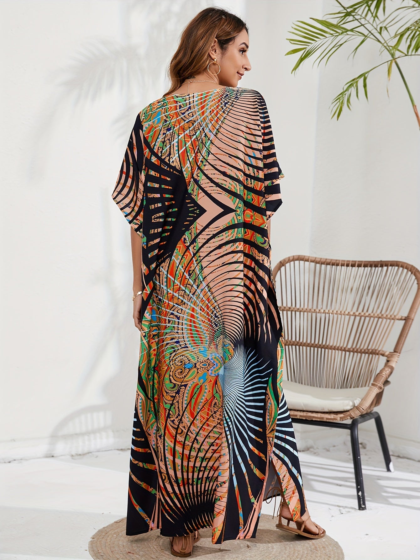 Striped Print Boho Style Cover Up Dress, V Neck Loose Fit Beach Kaftan, Women's Swimwear & Clothing