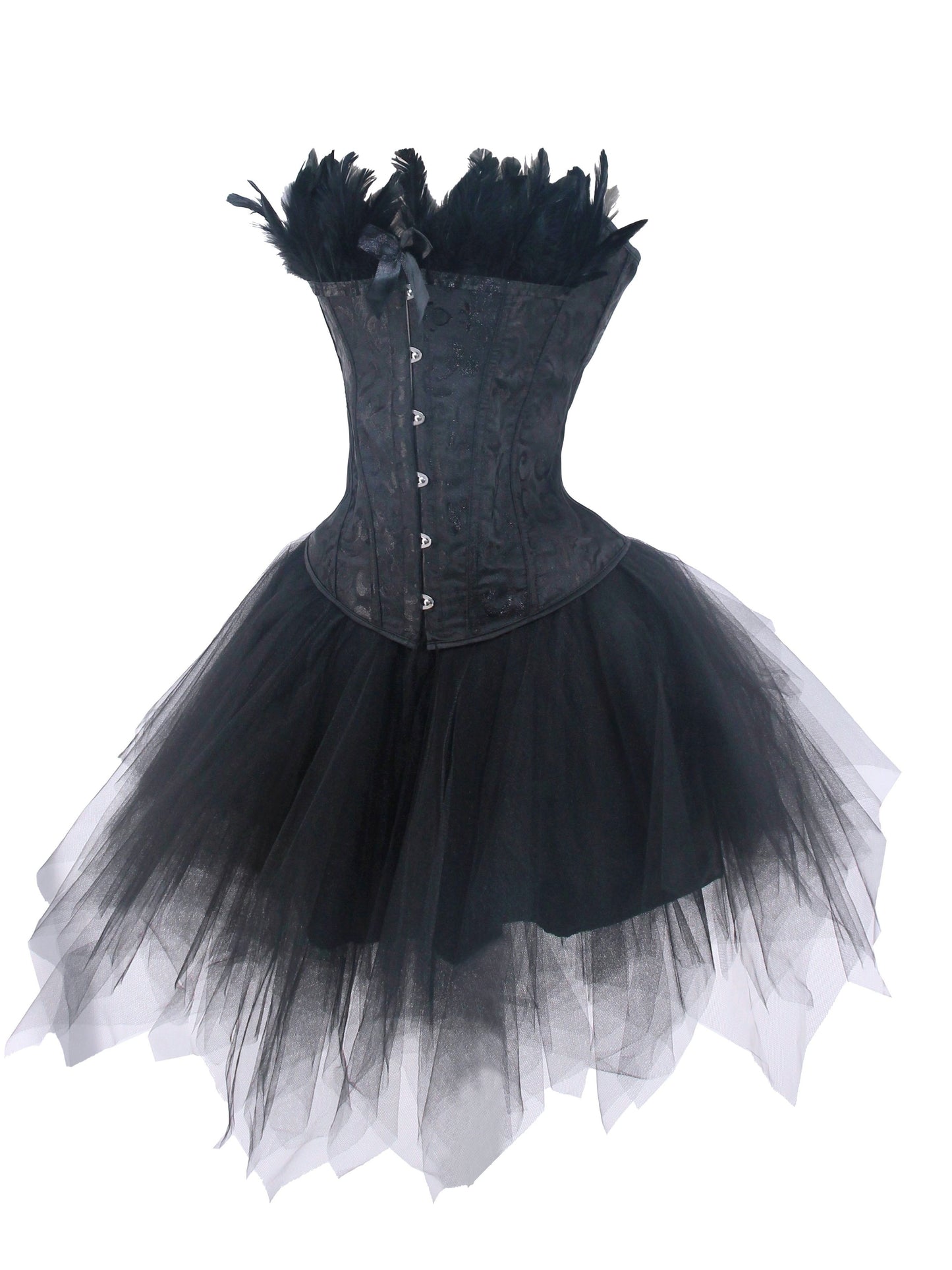 Cosplay Corset & Skirt Set, Jacquard Feather Trim Strapless Body Shaper Tube Top & Elastic Waist Tutu Skirt Outfits,