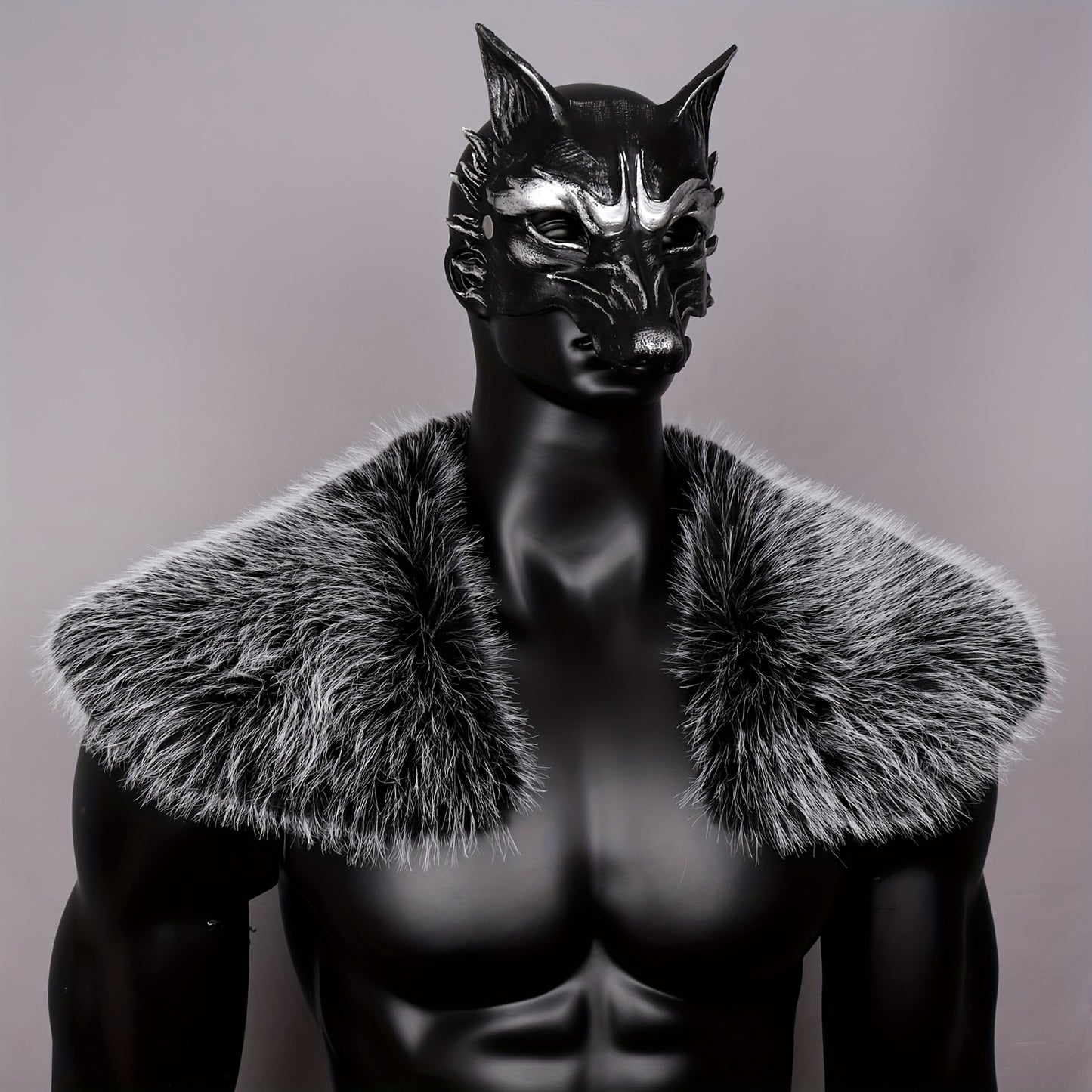 Halloween Faux Fur Shawl and Wolf Mask Set, Men's Faux Fur Collar, Werewolf Dress Up Mask, Masquerade Cosplay Party Costume, Performance Props