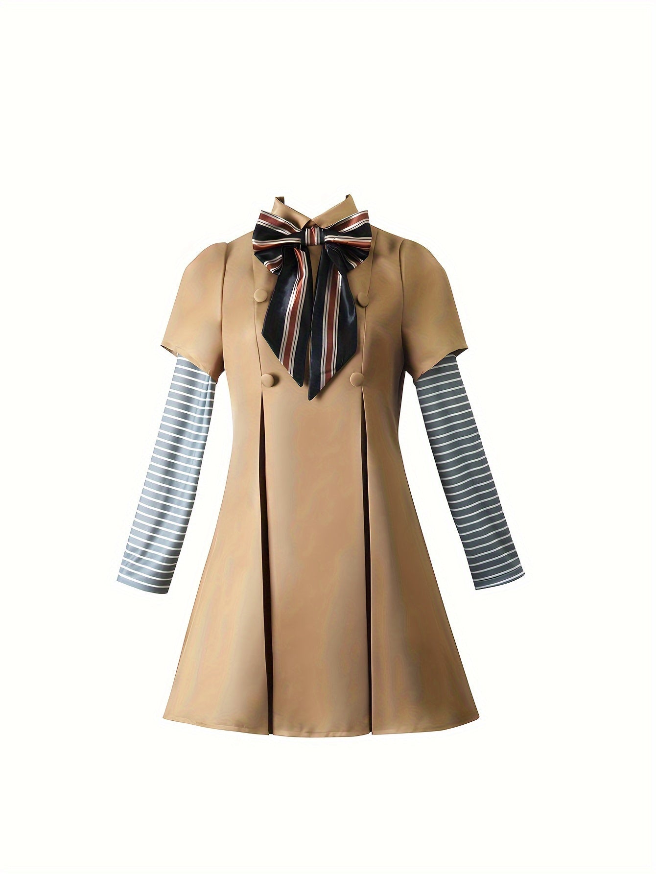 Elegant Trench Coat With Striped Tie & Contrasting Sleeves, 4pc Cosplay Costume Set, Halloween Carnival Party Dress-Up Outfit.