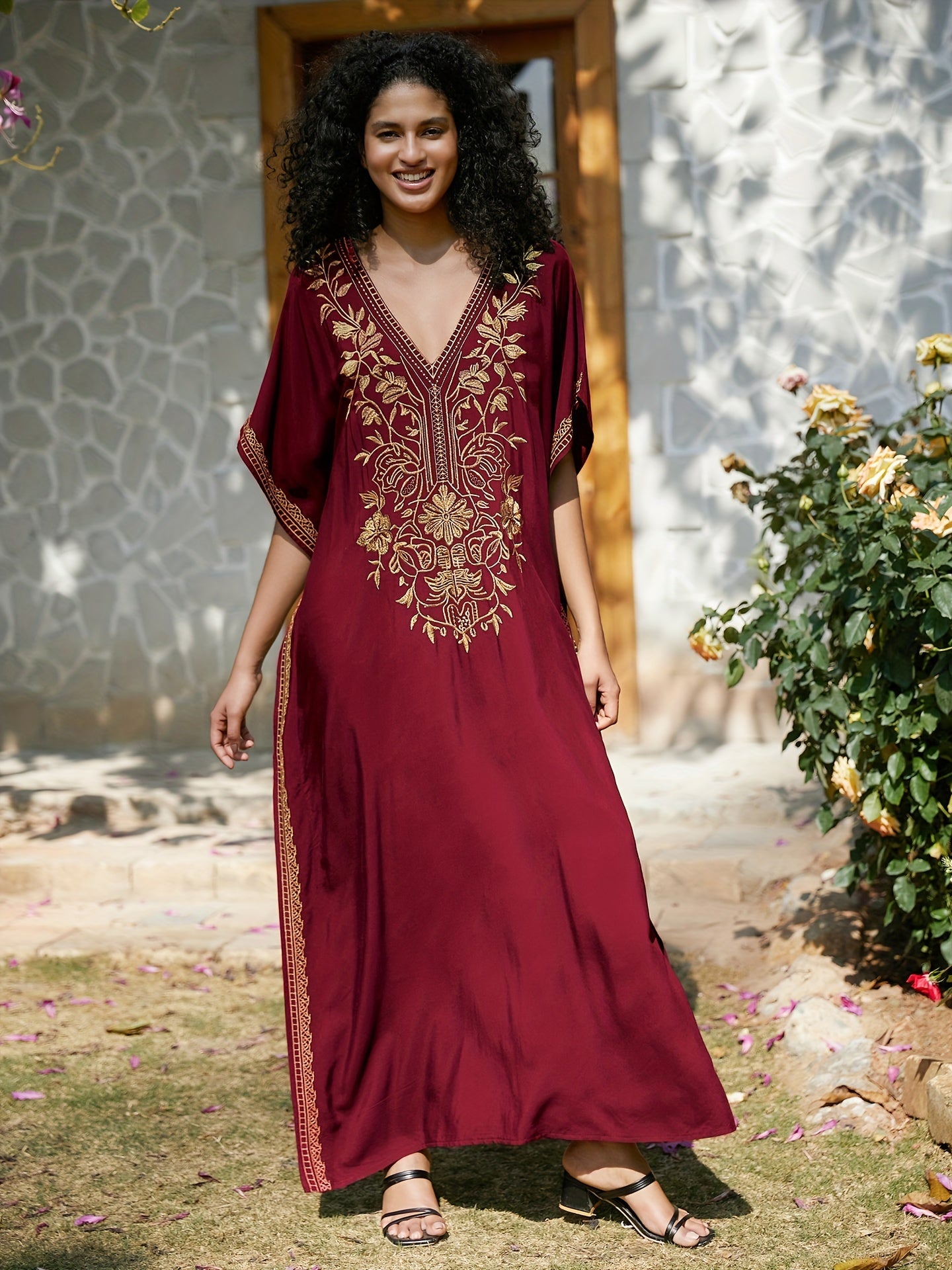 Bohemian Embroidery Caftan Dress House Dress Split Thigh Beachwear Vacation Dress Cover Up