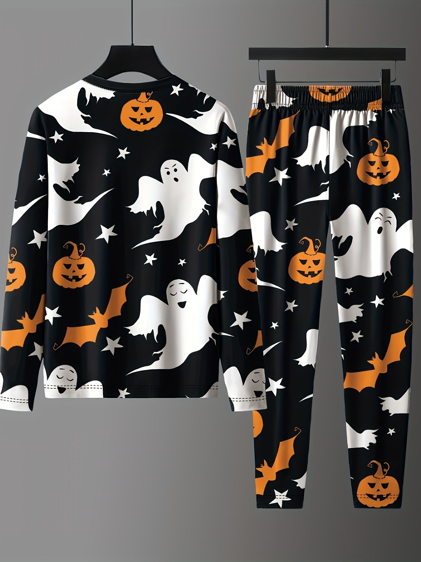 Men's Casual 2-Piece Outfit, Halloween Pumpkin Ghost Bat Print, Lightweight Comfy T-shirt & Drawstring Pants