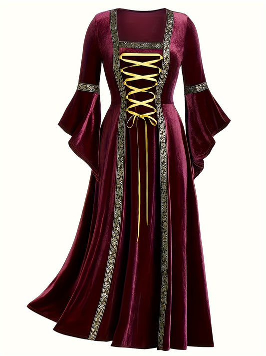 Plus Size Halloween Retro Lounge Robe, Women's Gothic Square Neck Corset Waist Swing Velvet Dress, Medieval Queen Deluxe Costume