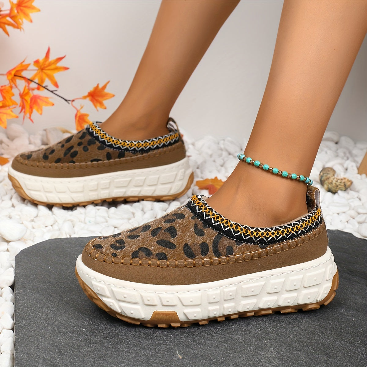 Leopard Print Retro Style Slip-On Flat Ankle Boots For Women, PU Leather, All-Season Casual Footwear