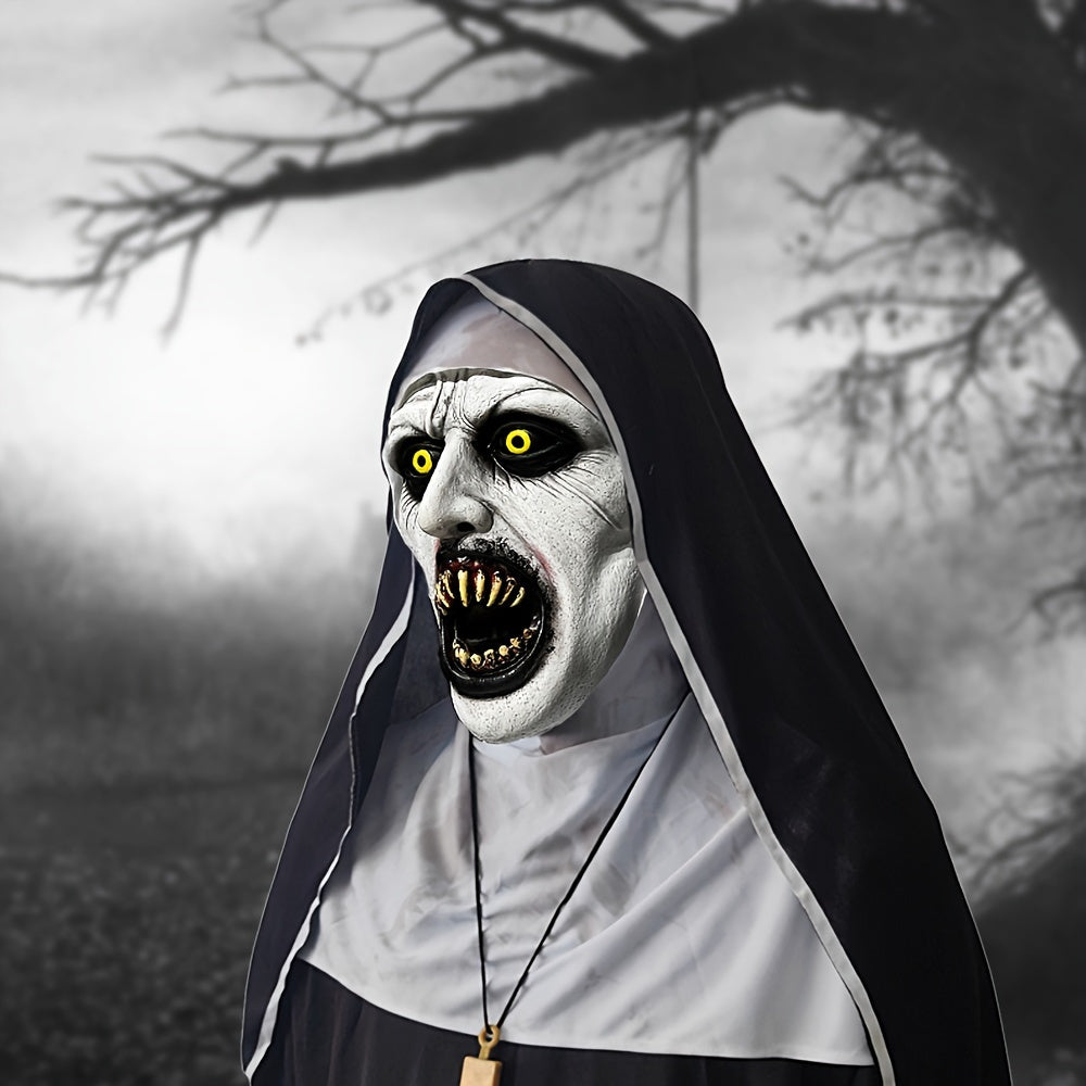 Spooky Full Head Mask: Terrifying Rubber Nun Costume for Adult Halloween Parties, Festive Christmas Gifts, or Thrilling Cosplay Accessories