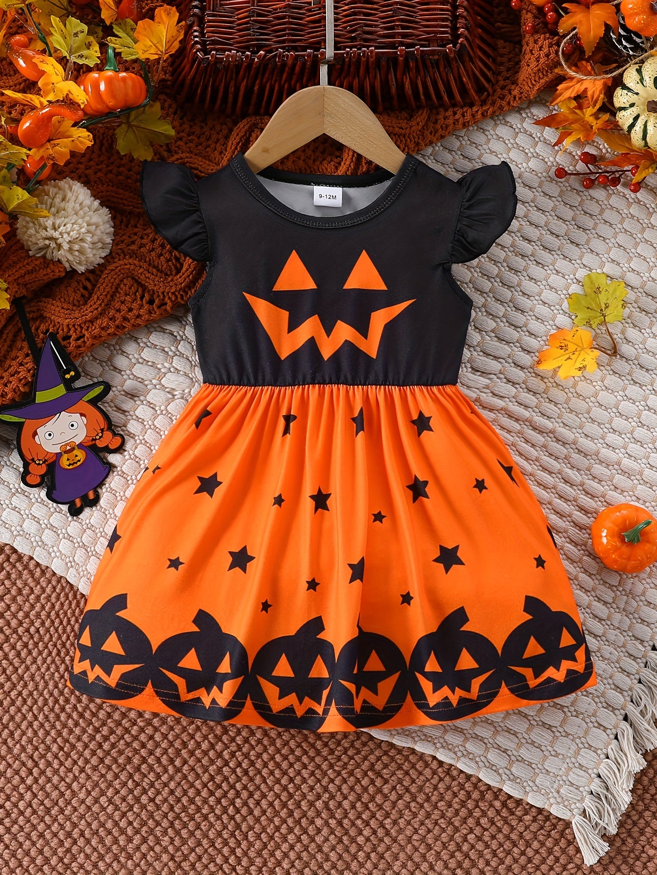 Halloween Pumpkin & Ghost Face Print Dress - Sleeveless with Ruffle Trim, Stretchy Fabric, Machine Washable