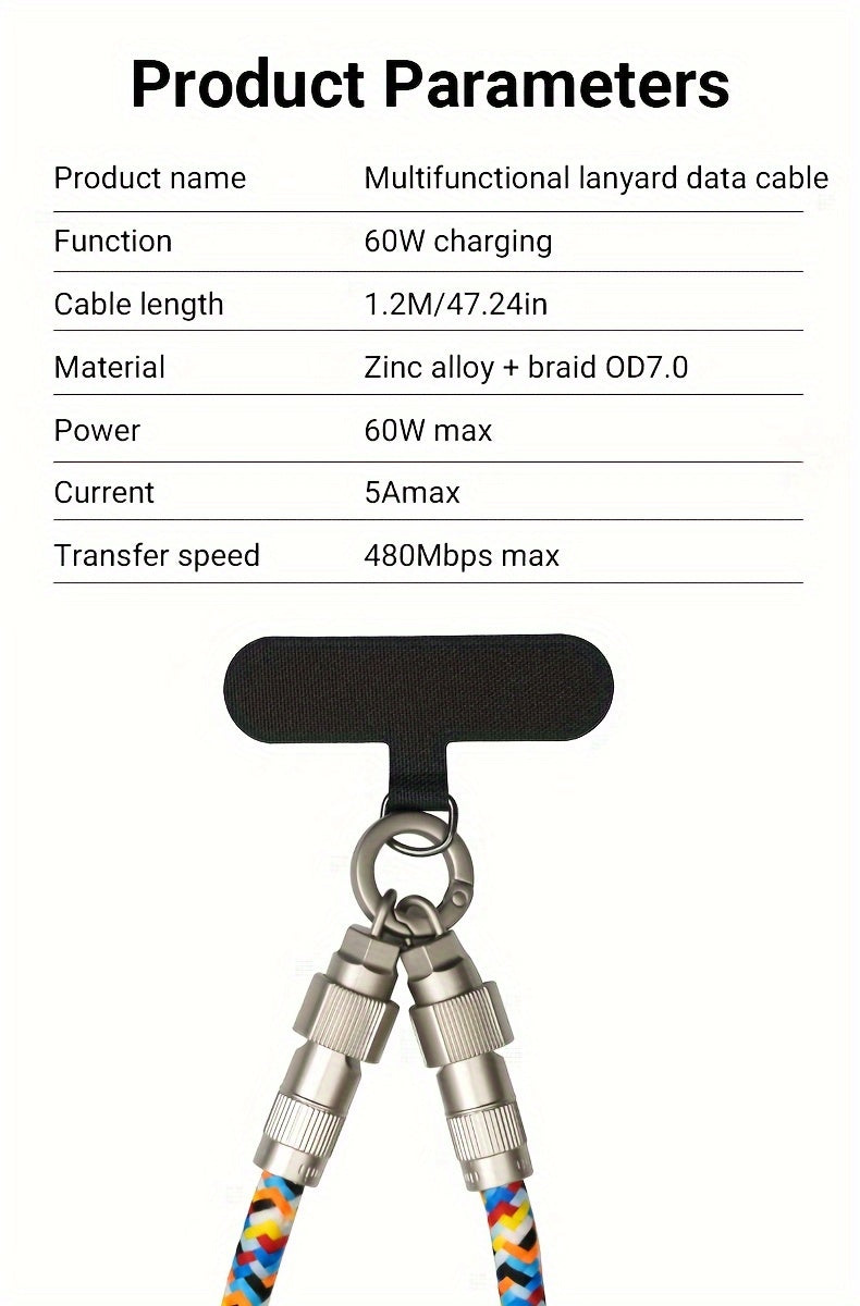 2-in-1 Universal Polyamide Phone Lanyard with PD 60W Fast Charging USB-C Cable, Crossbody Neck Strap Compatible with iPhone 15 Series, Huawei, Xiaomi, OPPO