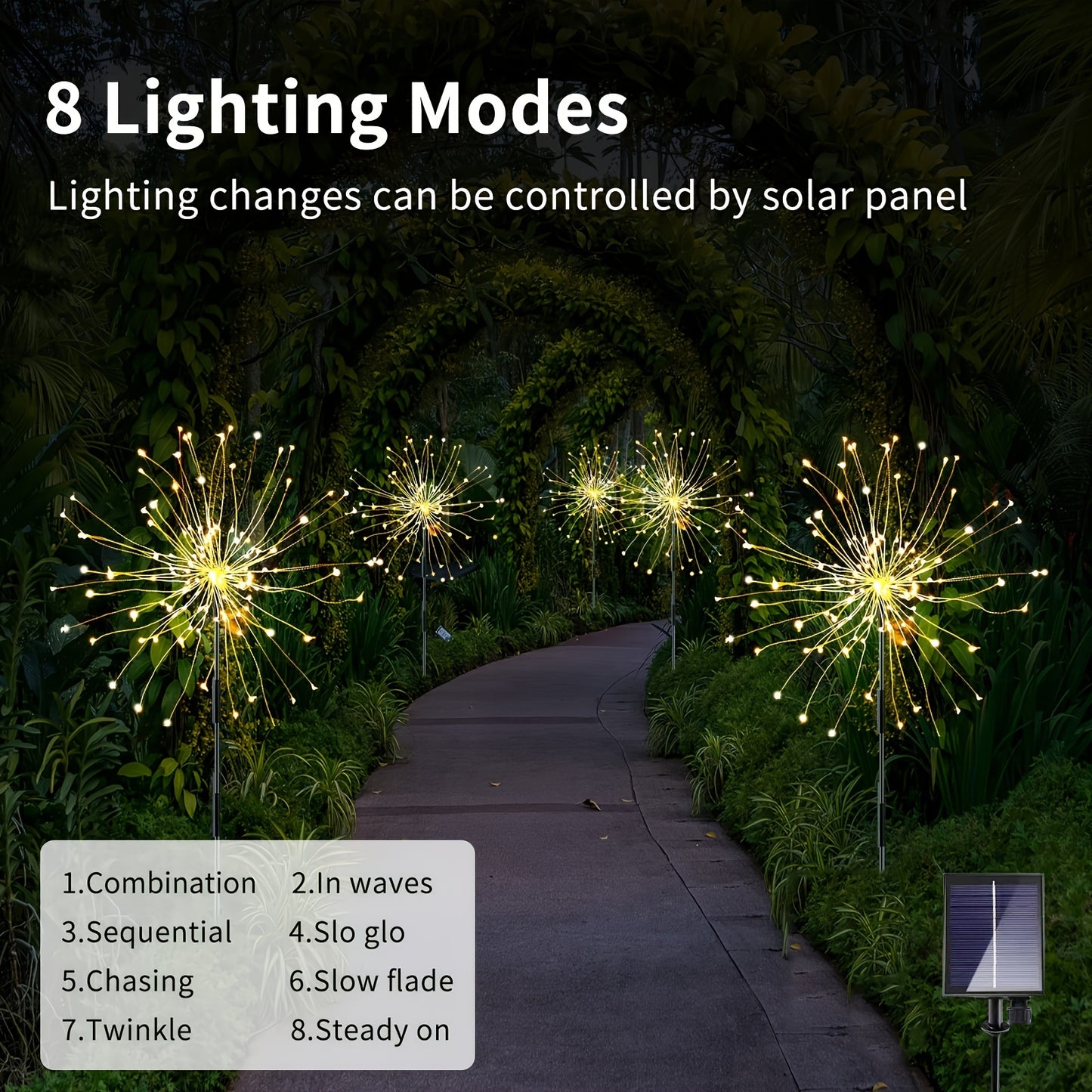 Solar Powered Garden Lights, 4 Pack 320LED Firework Shape, IP65 Waterproof Outdoor Decoration Lighting, 8 Modes Button Control, Flush Mount, Without Laser for Yard, Pathway, Party Decor Supplies