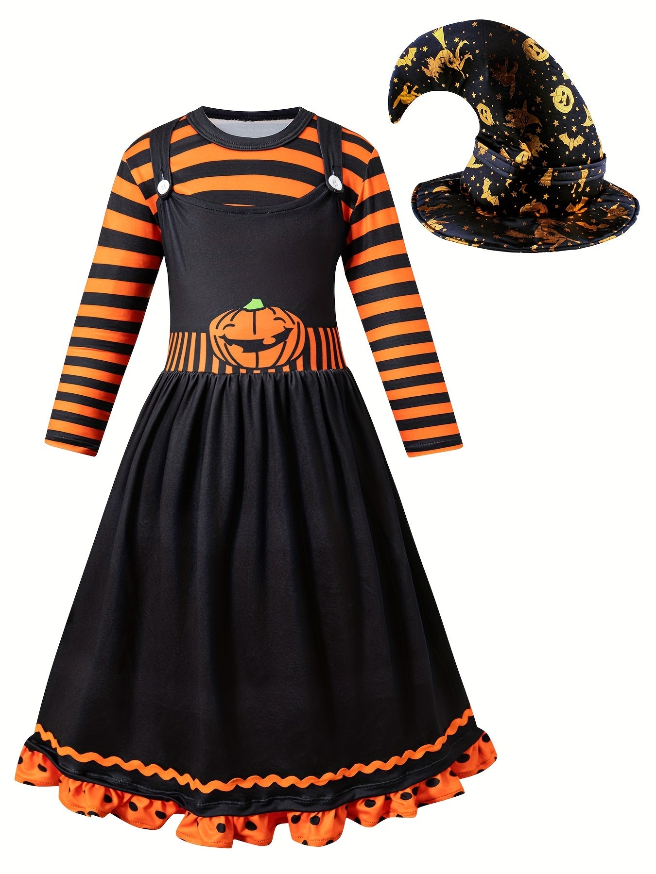 Girls Fun & Cute Pumpkin Magical Female Dress Up Outfit, Long Sleeve Striped R-shirt + Suspender A Line Ruffle Dress + Hat For Halloween Party