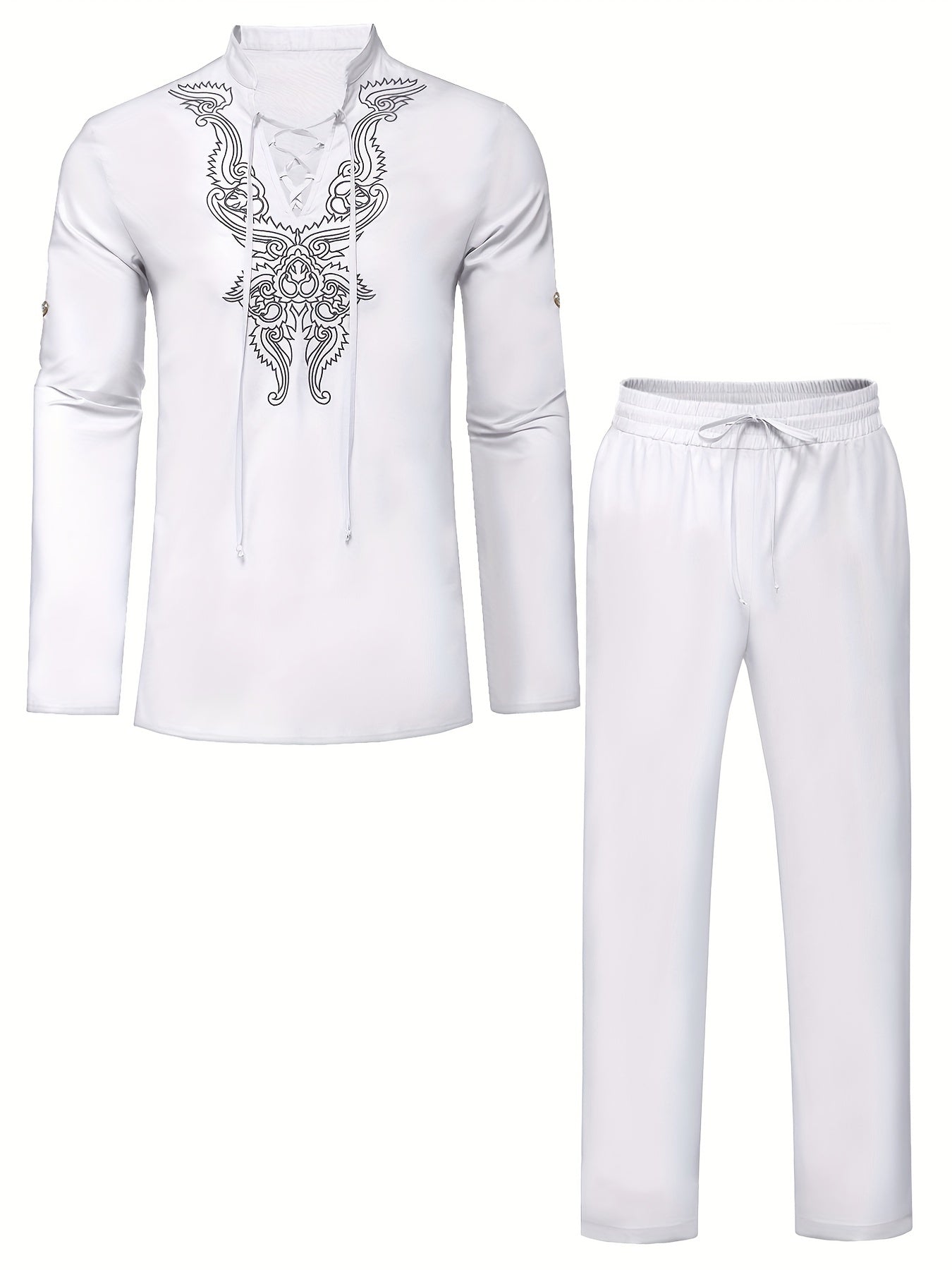 Cotton Boho Style Pattern Embroidery Men's 2 Pieces Outfits, Long Sleeve Lace Up Shirt And Drawstring Solid Trousers Set