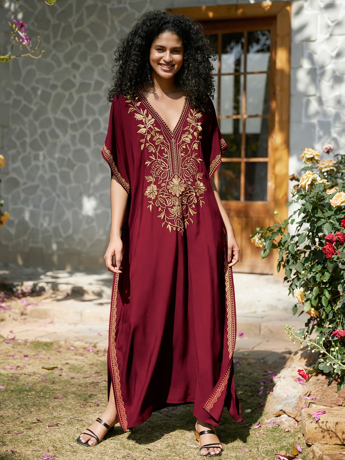 Bohemian Embroidery Caftan Dress House Dress Split Thigh Beachwear Vacation Dress Cover Up