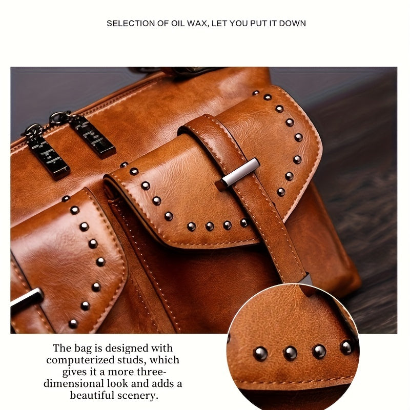 New Retro Wax Handheld Single Shoulder Crossbody Fashion Messenger Rivets Large Capacity Women's Bags