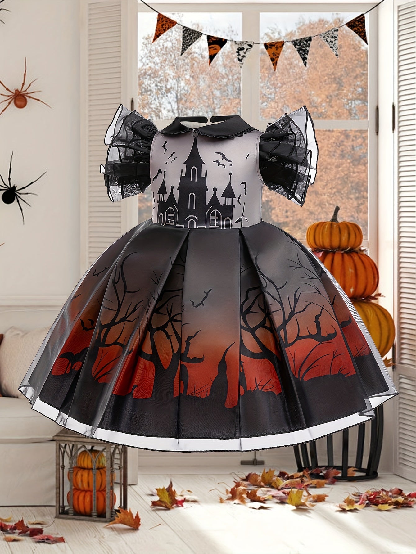 Girls Stylish & Fancy Layered Mesh Sleeve Cartoon House & Trees Pattern Tutu Dress, Halloween Inspired Gown For Party