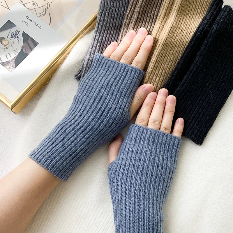 Autumn Winter Women Thicken Warm Knitting Wool Half-finger Stripe Gloves Cute Solid Simple Work Writing Convenient Drive Mittens