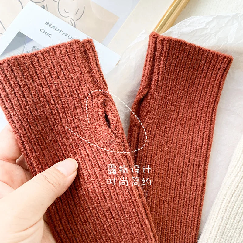 Autumn Winter Women Thicken Warm Knitting Wool Half-finger Stripe Gloves Cute Solid Simple Work Writing Convenient Drive Mittens