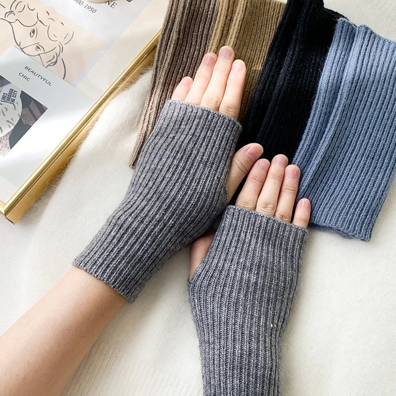 Autumn Winter Women Thicken Warm Knitting Wool Half-finger Stripe Gloves Cute Solid Simple Work Writing Convenient Drive Mittens