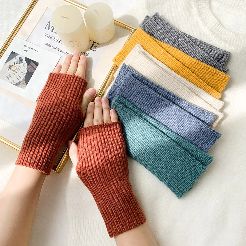 Autumn Winter Women Thicken Warm Knitting Wool Half-finger Stripe Gloves Cute Solid Simple Work Writing Convenient Drive Mittens