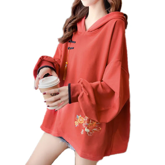 Chinese Style Lucky Carp Embroidery Loose Hoodies Women Drop Shoulder Buckle Tassel Hooded Sweatshirt Female Vintage Clothes