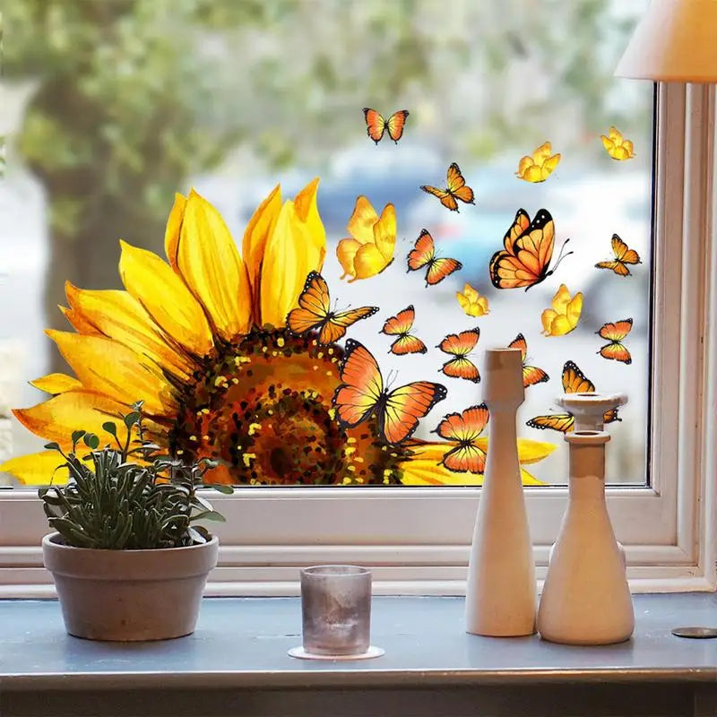 Sunflower Window Clings Static Decals Butterfly Bee Window Clings For Glass Windows Stickers For Summer Autumn Decorations