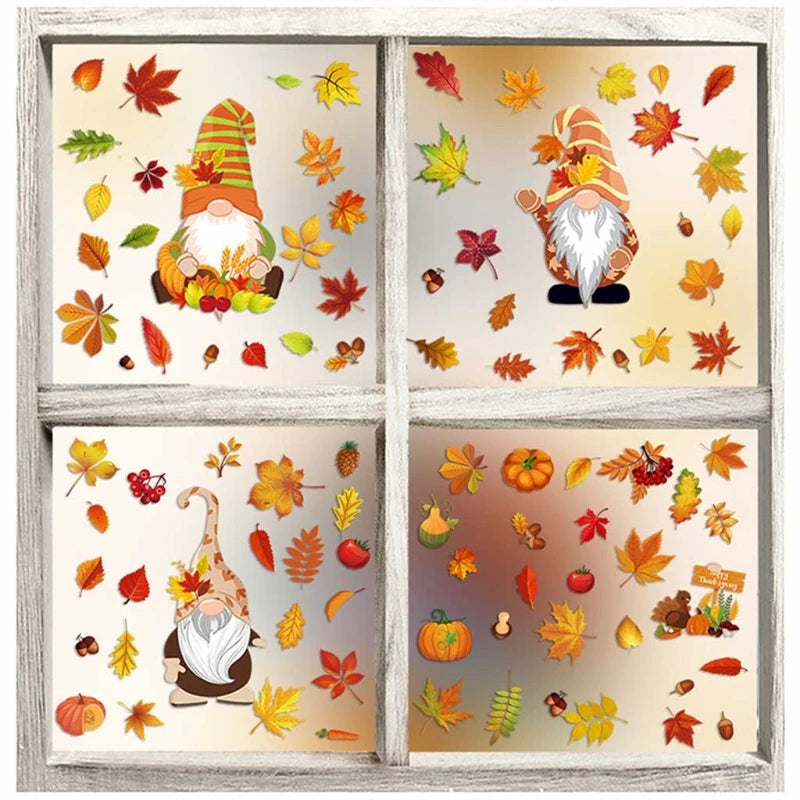 6 Sheets Autumn Thanksgiving Gnomes Window Clings Decal Fall Pumpkin Maple Leaf Electrostatic Stickers Wall Decor