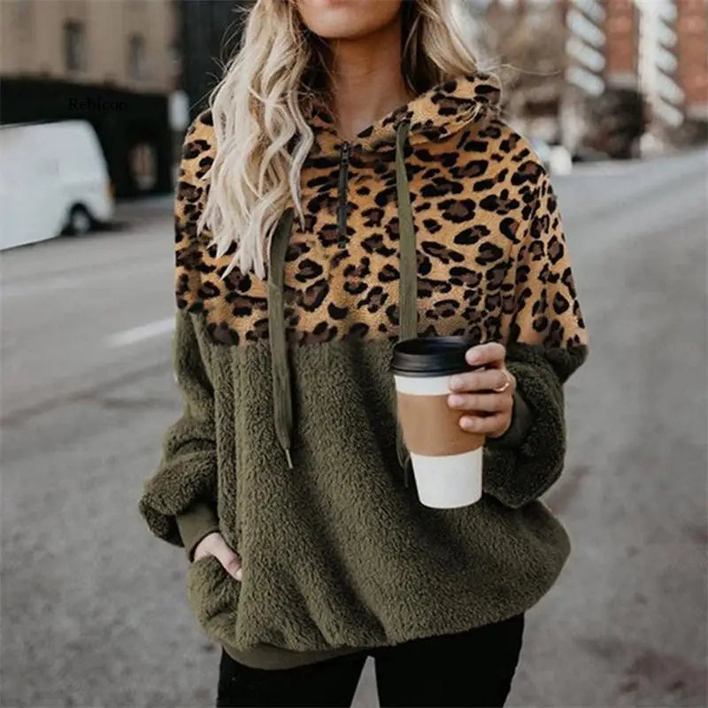 Fall Hoodies Women Leopard Print Zipper Pocket Blouse Stitching Sleeve Plush Sweater Fashion Ladies Hoodie Woman Clothing