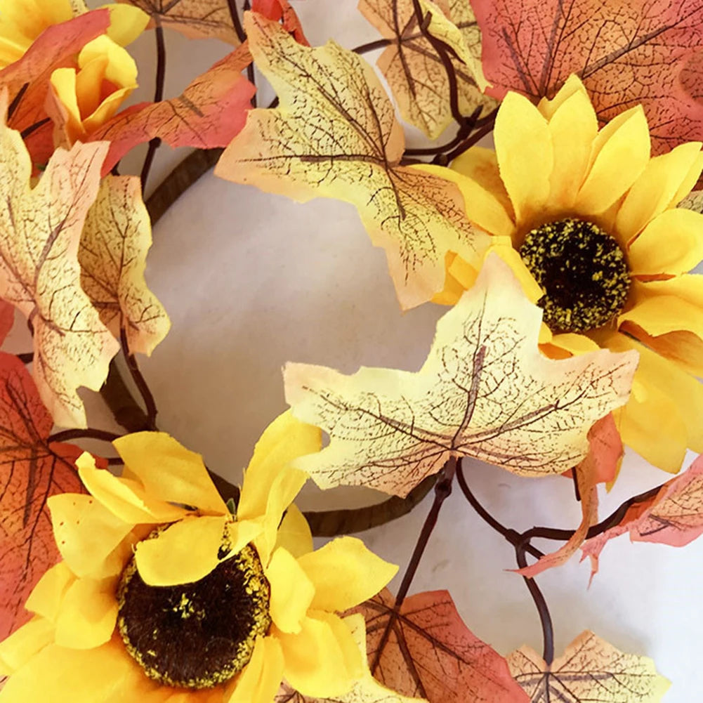 Artificial Maple Leaves Wreath With Berries Sunflowers Candle Rings For Farmhouse Fall Thanksgiving Wedding Table Door Decor