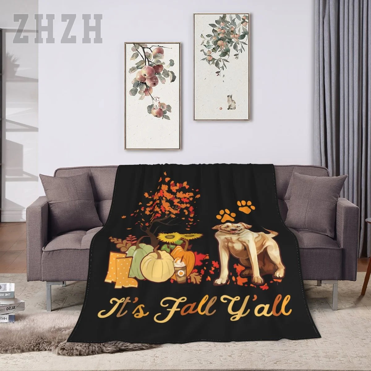 Blanket Labrador Retriever Fall Autumn Leaf Maple Tree Thanksgiving Flannel Multifunction Camping Sofa Cover Keep Warm