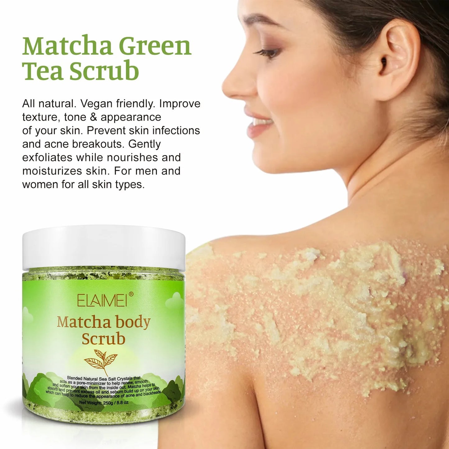 Matcha& Himalayan Salt & Turmeric Body Scrub, Whitening, Anti Oxidation, Reduces Acne, Pimples, Brighten Skin Tone Brightening