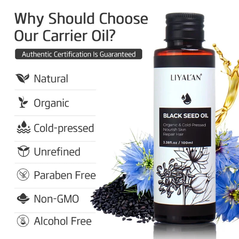 Black Cumin Seed Oil 100ml for Hair Growth Thicken Hair Cold Pressed Liquid Nourishing Anti-oxidant Body Face Massage Skin Care