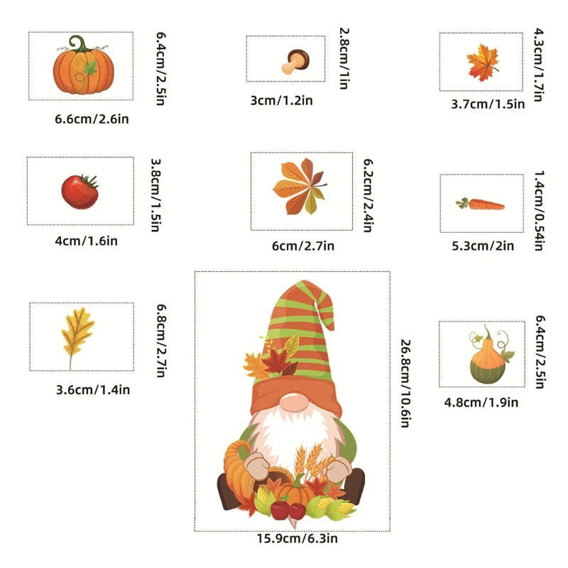 6 Sheets Autumn Thanksgiving Gnomes Window Clings Decal Fall Pumpkin Maple Leaf Electrostatic Stickers Wall Decor