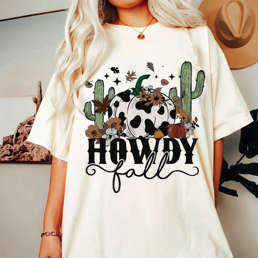 Howdy Fall Western Cowboy Pumpkin Print 90s Trendy Halloween Women's Top Casual Versatile Print Pattern Round Neck T-Shirt