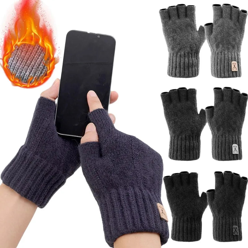 Winter Half Finger Gloves for Women Men Thicken Elastic Knitted Cashmere Warm Fingerless Gloves Outdoor Driving Mittens Unisex