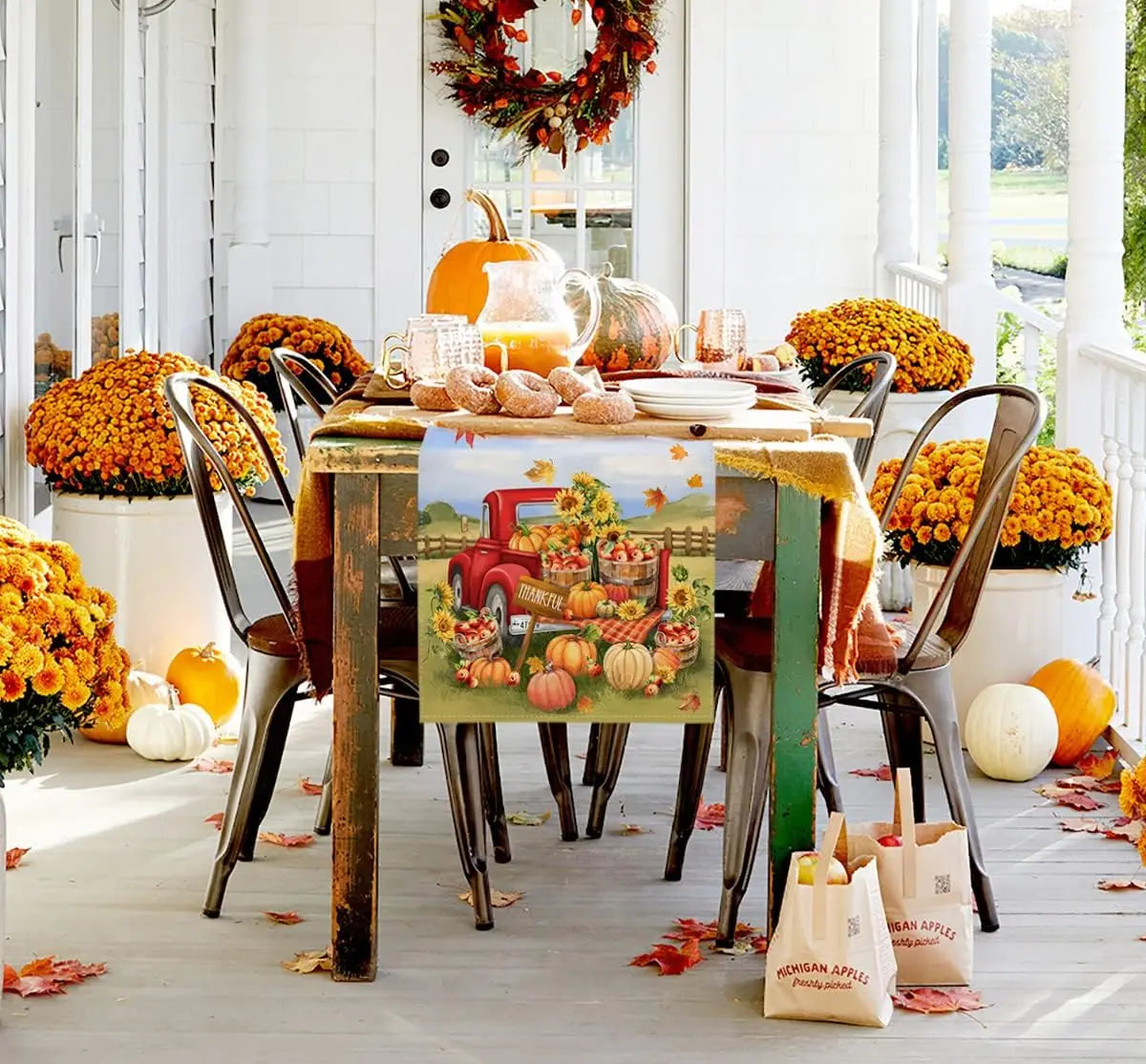 Fall Pumpkin Linen Table Runner Farm Apple Truck Autumn Thanksgiving Table Runner Reusable Home Party Kitchen Dining Table Decor