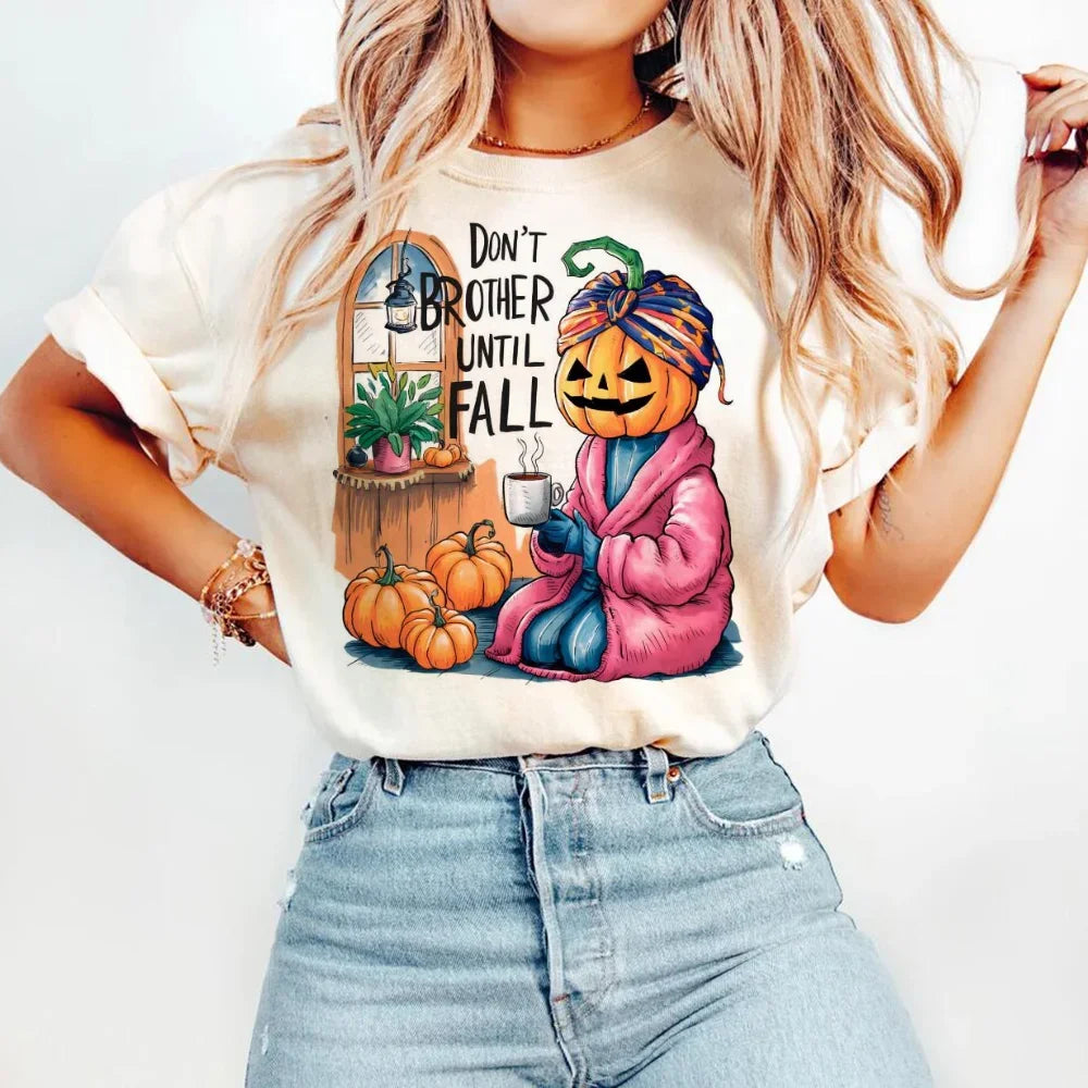 Retro Dont Brother Until Fall Pumpkin Girl Printed Fashion Women's Cartoon O-Neck Short Sleeve Pattern   Casual Style T-