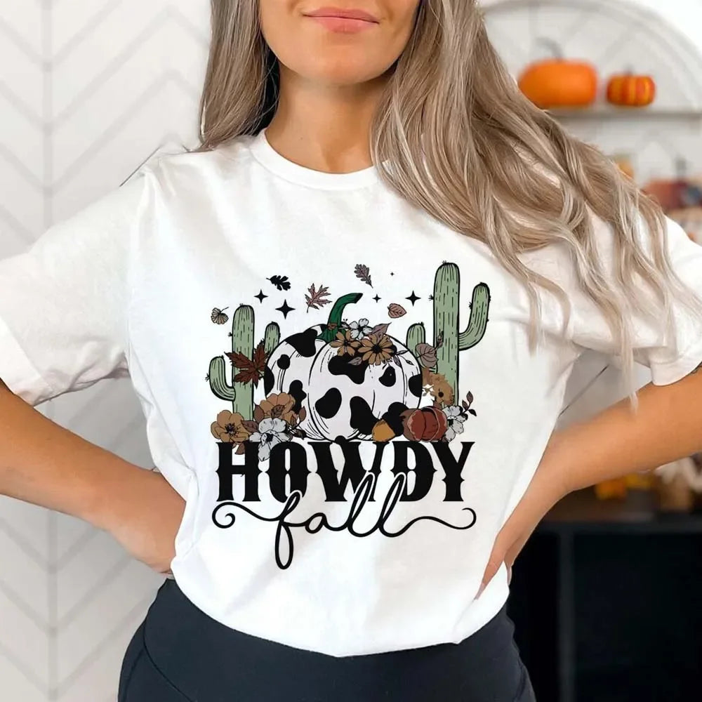 Howdy Fall Western Cowboy Pumpkin Print 90s Trendy Halloween Women's Top Casual Versatile Print Pattern Round Neck T-Shirt