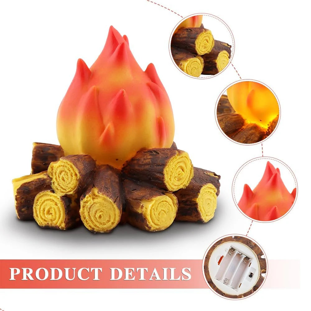 LED Simulation Charcoal Flame Lamp 3D Resin Simulated Fireplace Night Light Flameless Firewood Lantern for Home Courtyard Decors