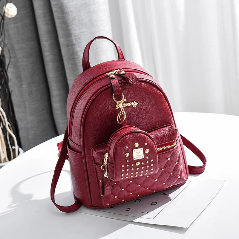 TRAVEASY Fashion Rivet Mini Backpack Summer Girls School Backpack Korean PU Leather Solid Color Ladies Party Shopping Bags