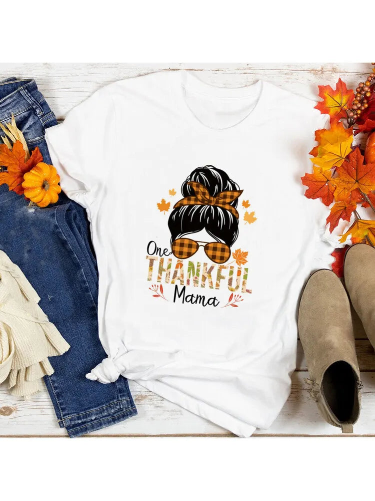 One Thankful Mama ShirtThankful Mama Shirts Messy Bun TShirt Thanksgiving Mom Gift Mom Life T-Shirt Womens Fall Tee Outifts