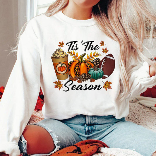 Tis 'the Season Pumpkin Print Sweatshirt Thankful Grateful Fall Hoodie Women Fashion Autumn Holiday Pullover Top Famale Clothes