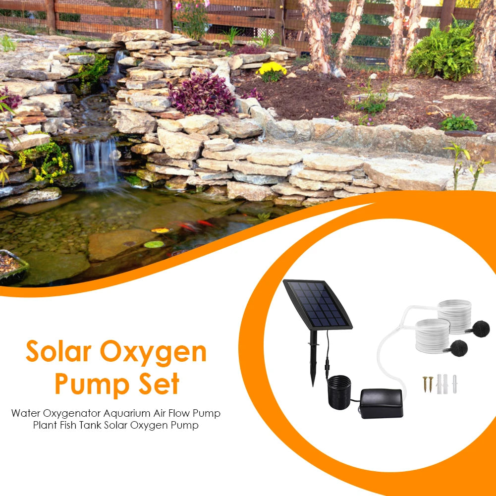 Power Storage Solar Oxygen Pump Low Noise Oxygenator Solar Air Pump Built-in 3.7V/1800mAh Lithium Battery for Outdoor/Aquarium