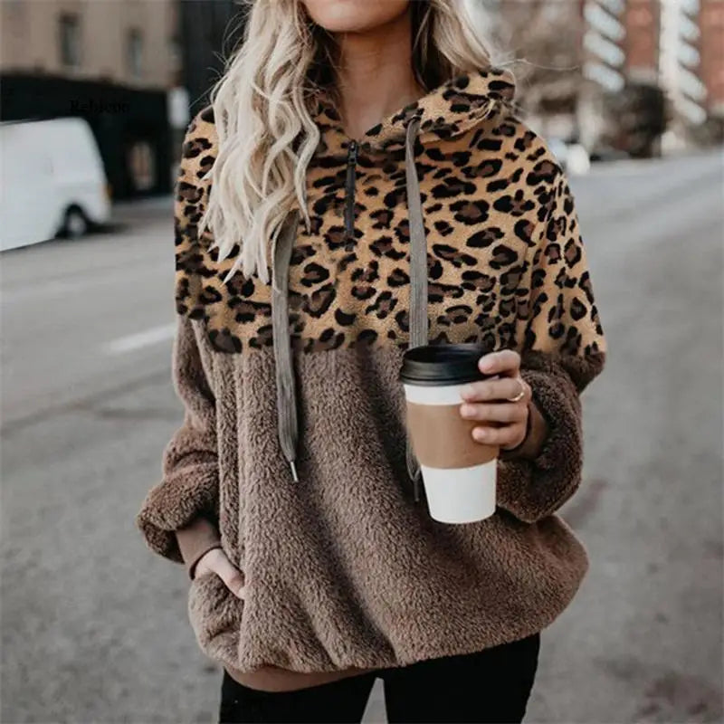 Fall Hoodies Women Leopard Print Zipper Pocket Blouse Stitching Sleeve Plush Sweater Fashion Ladies Hoodie Woman Clothing