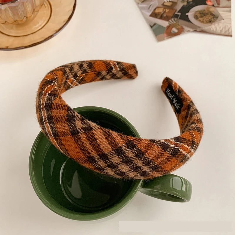 Retro French Tweed Sponge Headband Plaid Autumn   Face-washing All-match Simple Outfit Headband Female Accessories