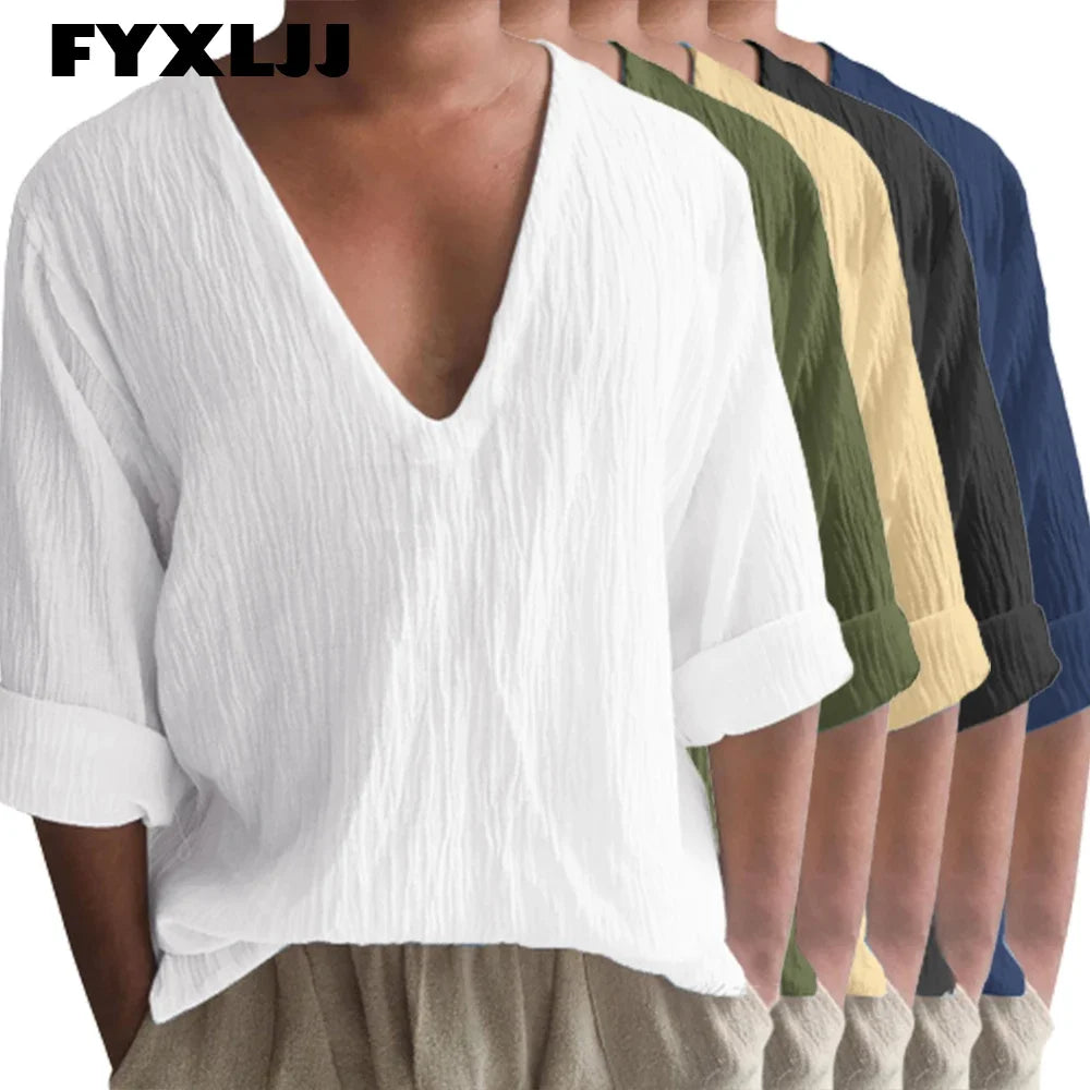 Men Imitation Linen Shirt Solid Color V Neck Long Sleeve Loose Casual Men's Clothing Boho Style Streetwear