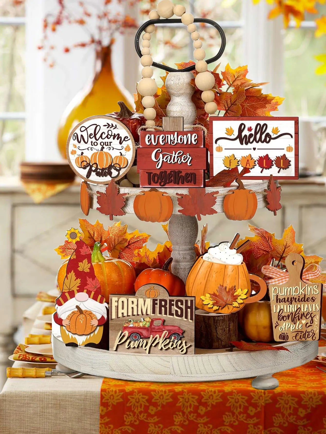 Fall Harvest Wooden Tiered Tray Decor Set -  Farmhouse Autumn Centerpieces with Pumpkin Spice and Maple Leaf Accents