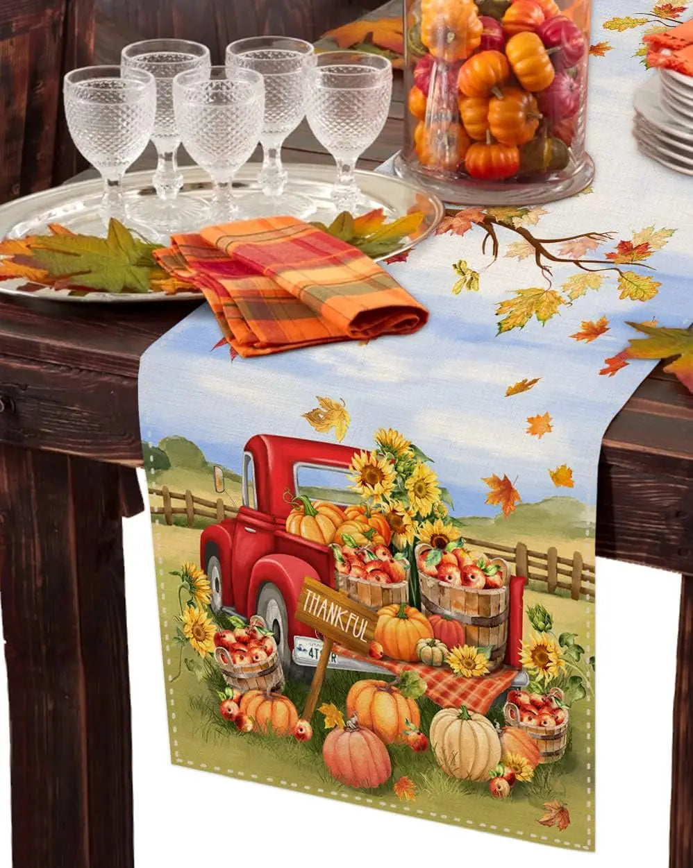 Fall Pumpkin Linen Table Runner Farm Apple Truck Autumn Thanksgiving Table Runner Reusable Home Party Kitchen Dining Table Decor