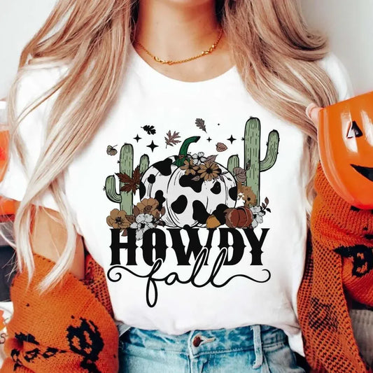 Howdy Fall Western Cowboy Pumpkin Print 90s Trendy Halloween Women's Top Casual Versatile Print Pattern Round Neck T-Shirt