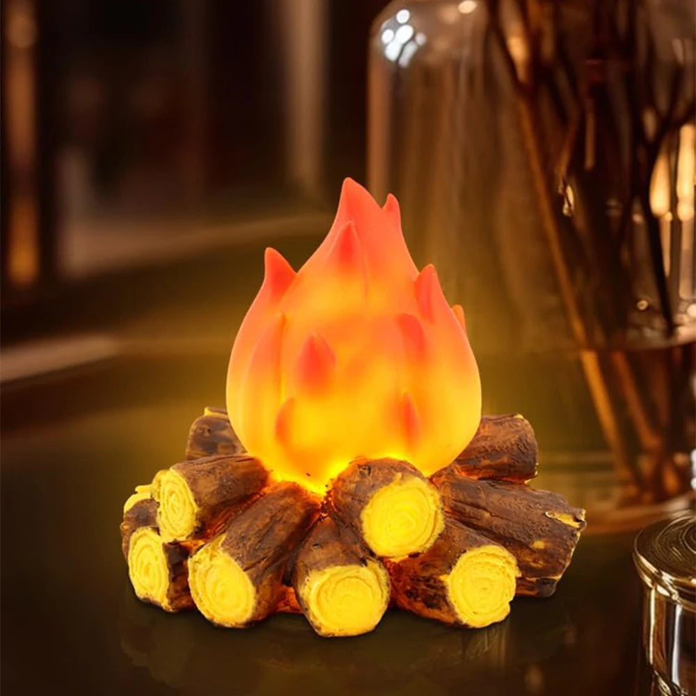 LED Simulation Charcoal Flame Lamp 3D Resin Simulated Fireplace Night Light Flameless Firewood Lantern for Home Courtyard Decors