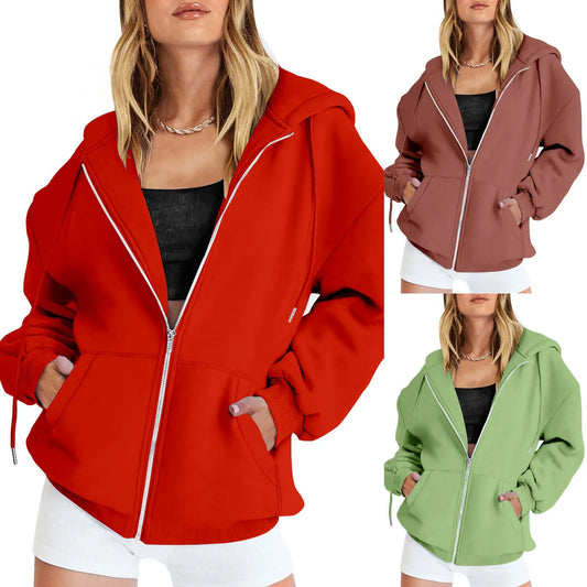 Women's Fall Jacket Oversized Pocket Sweatshirt Casual Drawstring Clothing Zipper Track Jacket Solid Color Long Sleeve Hooded