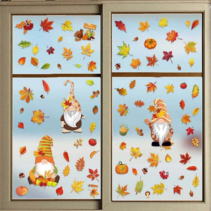 6 Sheets Autumn Thanksgiving Gnomes Window Clings Decal Fall Pumpkin Maple Leaf Electrostatic Stickers Wall Decor